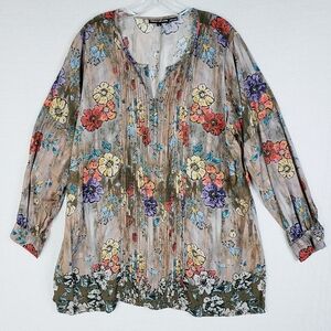 Tolani Collection Monique Tunic Top Blouse Floral Print Pintuck Bohemian size L